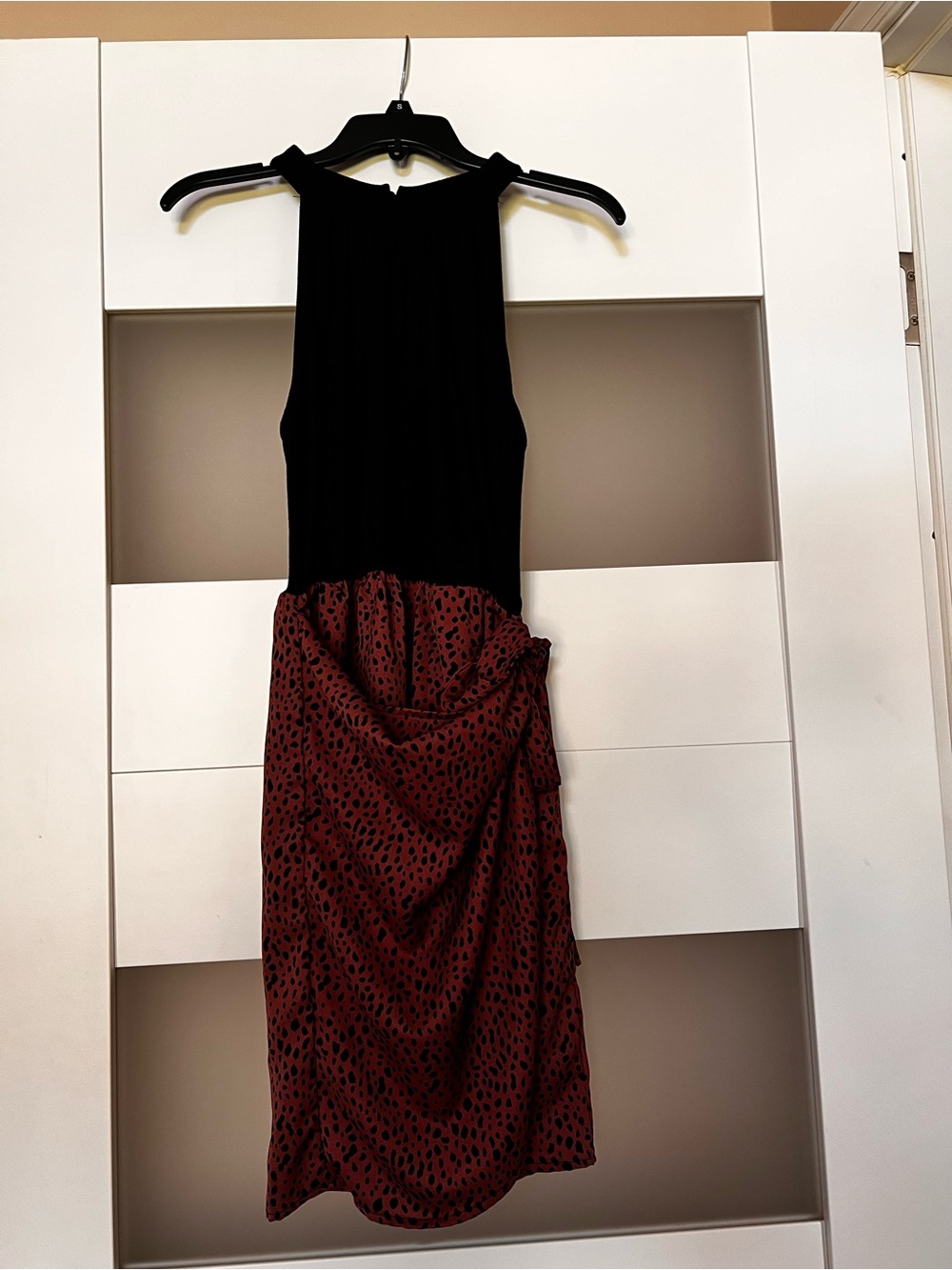 Women’s Black & Burgundy Polka Dot Wrap-Skirt Dress
